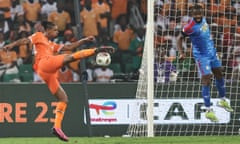 Ivory Coast's Sébastien Haller scores with a volley in the Africa Cup of Nations semi-final against DR Congo.