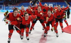 The Canada team celebrate after collecting their gold medals on Thursday