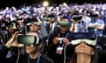 People wearing Samsung Gear virtual reality devices at the Mobile World Congress in Barcelona