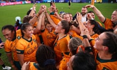 The Wallaroos celebrate their first win of the season, a thumping 64-5 victory over Fiji at Allianz Stadium.