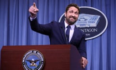 Actor Gerard Butler Discusses His New Film About Navy Attack Submarine Crew At The Pentagon<br>ARLINGTON, VIRGINIA - OCTOBER 15:  Scottish Actor Gerard Butler talks about his experience with the U.S. Navy during a news briefing about his new submarine action film 'Hunter Killer' at the Pentagon October 15, 2018 in Arlington, Virginia. Butler spent three days on board a U.S. Navy submarine while researching and preparing to make the film, which stars Butler as an American submarine captain who teams with U.S. Navy Seals to rescue the Russian president, who has been kidnapped by a rogue general. (Photo by Chip Somodevilla/Getty Images)