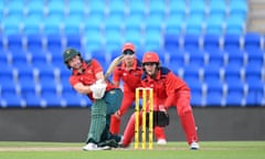 Naomi Stalenberg of Tasmania hits a six during the WNCL final against South Australia at Blundstone Arena.