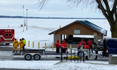 Snow, firefighters, fire truck and ice.