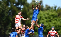 Sara Tounesi is held aloft to claim a lineout against Japan