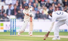Haseeb Hameed defends a delivery.