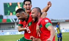 Romain Saïss celebrates with Youssef En-Nesyri and Nayef Aguerd after scoring Morocco’s first goal against Tanzania in the Africa Cup of Nations