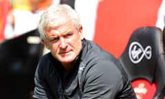 Mark Hughes keeps an eye on proceedings during last weekend’s 3-0 home defeat by Borussia Monchengladbach at St Mary’s.