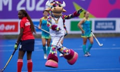 Perry the Bull makes an appearance on the pitch ahead of the Australia v Kenya women's pool B hockey match.