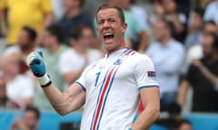 FBL-EURO-2016-MATCH33-ISL-AUT<br>Iceland's goalkeeper Hannes Thor Halldorsson celebrates after tammate forward Jon Dadi Bodvarsson scored during the Euro 2016 group F football match between Iceland and Austria at the Stade de France stadium in Saint-Denis, near Paris on June 22, 2016. / AFP / KENZO TRIBOUILLARD (Photo credit should read KENZO TRIBOUILLARD/AFP/Getty Images)