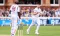 Gus Atkinson of England celebrates taking the wicket of Jason Holder of West Indies.