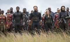 null<br>This image released by Marvel Studios shows, front row from left, Danai Gurira, Chadwick Boseman, Chris Evans, Scarlet Johansson and Sebastian Stan in a scene from “Avengers: Infinity War,” premiering on April 27. (Chuck Zlotnick/Marvel Studios via AP)