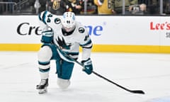 San Jose’s Marc-Edouard Vlasic reacts after the Sharks allowed a goal during the third period of a November game against the Vegas Golden Knights at T-Mobile Arena.