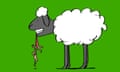 A cartoon of a giant sheep, with two little naked people held between its teeth.