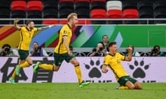 Australia midfielder Ajdin Hrustic celebrates after scoring what proved to be the winner against UAE in Ar-Rayyan, Qatar.