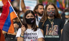 Armenians and supporters march to the Azerbaijani consulate general offices in Los Angeles on 1 November, in protest of the conflict in Artsakh.