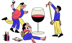 Cartoon illo of people tasting wine with big glass of red in centre being measured