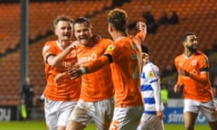 Jordan Thorniley celebrates after heading home Blackpool’s fourth first-half goal.