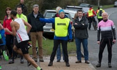 “To the right! To the right!” Theresa May marshalling at the Maidenhead Easter 10 mile race. 