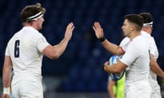 Ben Youngs is congratulated on scoring England’s first try by Tom Curry