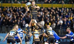 Wasps’ Joe Launchbury wins a lineout during the  Premiership match against Bath last September