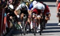 Tour de France 2017 - 4th stage<br>epaselect epa06065852 Bora Hansgrohe team rider Peter Sagan (2-L) of Slovakia pushes Team Dimension Data rider Mark Cavendish (L) of Britain during the final sprint of the 4th stage of the 104th edition of the Tour de France cycling race over 207,5km between Mondorf-Les-Bains and Vittel, France, 04 July 2017. EPA/YOAN VALAT Best quality available