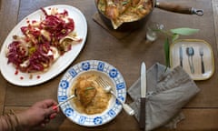 Samin Nosrat's chicory salad with pomegranate and parmesan vinaigrette and chicken with vinegar