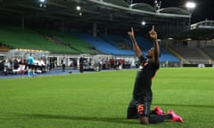 Odion Ighalo celebrates his fine opening strike for Manchester United.