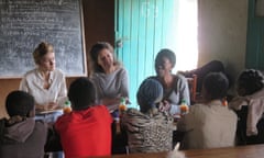 Focus group with girls formerly associated with armed groups, North Kivu, 2016. 
Sandra Olsson, top left with fellow researcher,  Marie de la Soudière, and translator, Child Soldiers International