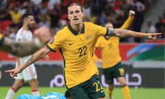 Australia's Jackson Irvine celebrates scoring the Socceroos’ first goal against the UAE in the Asian playoff last week.