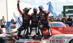Toyota’s team of Mike Conway, Kamui Kobayashi and José Maria López after their Le Mans win