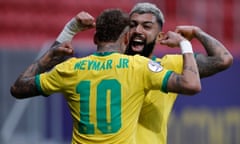 Gabriel Barbosa celebrates Brazil’s third goal with Neymar in Brasilia.