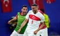 Turkey's Cenk Tosun (9) celebrates after scoring his side's second goal during a Group F match between Czech Republic and Turkey at the Euro 2024 soccer tournament in Hamburg, Germany, Wednesday, June 26, 2024. (AP Photo/Petr David Josek)