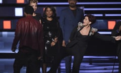 Sharon Osbourne<br>An unidentified guest speaks on stage while Sharon Osbourne accepts the award for favorite daytime TV hosting team for The Talk at the People’s Choice Awards at the Microsoft Theater on Wednesday, Jan. 6, 2016, in Los Angeles. (Photo by Chris Pizzello/Invision/AP)