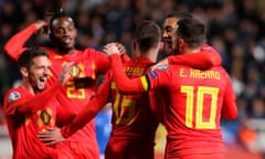 Eden Hazard (right) is congratulated after scoring the opening goal for Belgium against Cyprus.