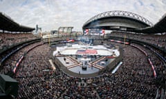 The US flag is displayed prior to the game between the Seattle Kraken and the Vegas Golden Knights on Monday at T-Mobile Park.