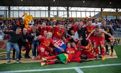 FC Nordsjalland vs FC Copenhagen - Danish Alka Superliga<br>FARUM, DENMARK - MAY 21: The players of FC Nordsjaelland celebrates their third place in the Danish Alka Superliga match between FC Nordsjalland and FC Copenhagen at Right to Dream Park on May 21, 2018 in Farum, Denmark after playing 0-0 against FC Copenhagen. (Photo by Jan Sommer / FrontZoneSport via Getty Images)