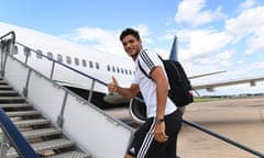 Raul Jimenez of Wolves boards the plane to travel to Armenia for the Raúl Jiménez