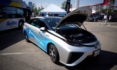 FILE - A 2021 Toyota Prius that runs on a hydrogen fuel cell sits on display at the Denver auto show on Sept. 17, 2021, at Elitch's Gardens in downtown Denver. The White House has selected the Philadelphia area and West Virginia for two regional hubs to produce and deliver hydrogen fuel, an important part of the Biden administration's clean energy plan, according to a person familiar with the plan. (AP Photo/David Zalubowski, File)