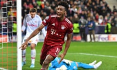 Kingsley Coman celebrates his late equaliser for Bayern Munich in their Champions League last-16 first leg.