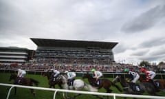 The crowd watches the Doncaster Cup during the recent St Leger meeting. Sheikhzayedroad, red colours, runs again today.