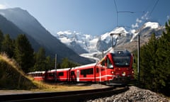 swiss railway<br>swiss train with glacier in background
