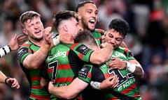 Cameron Murray of the Rabbitohs (right) celebrates with teammates after scoring a try during the NRL Semi Final 2 match between the Cronulla-Sutherland Sharks and the South Sydney Rabbitohs at Allianz Stadium in Sydney, Saturday, September 17, 2022. (AAP Image/Dan Himbrechts) NO ARCHIVING, EDITORIAL USE ONLY