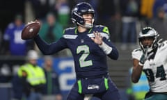 Drew Lock of the Seattle Seahawks looks to pass during the second half of Monday’s game against the Philadelphia Eagles at Lumen Field.