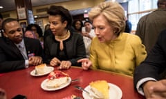 Hillary Clinton Visits Brooklyn Restaurant<br>NEW YORK, NY - APRIL 09: Democratic presidential candidate Hillary Clinton (R) speaks with councilwoman Laurie Cumbo (C) at Junior’s restaurant while campaigning in the Brooklyn borough April 9, 2016 in New York City. The New York Democratic primary is scheduled for April 19th. (Photo by Andrew Renneisen/Getty Images)