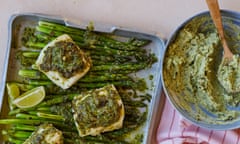 Thomasina Miers' hake with asparagus and grilled spring-onion butter.
