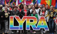 Same sex marriage protest<br>Sara Canning (front centre), partner of murdered journalist Lyra McKee, marching with protesters through Belfast city centre demanding same sex marriage in Northern Ireland. PRESS ASSOCIATION Photo. Picture date: Saturday May 18, 2019. See PA story ULSTER Politics. Photo credit should read: Brian Lawless/PA Wire