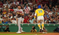 Atlanta Braves first baseman Matt Olson (28) makes the second out of a triple play against the Boston Red Sox