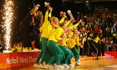 Australia’s Diamonds celebrate winning the Netball World Cup at Cape Town International Convention Centre in Cape Town.