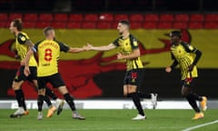 Watford’s Tom Cleverley congratulates Craig Cathcart on scoring against Middlesbrough  at Vicarage Road