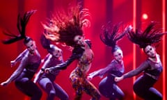 On fire … Eleni Foureira performing Fuego for Cyprus at the first semi-final of the 2018 Eurovision Song Contest – staged in Portugal for the first time.